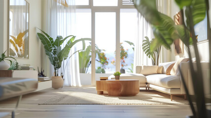 living space in a beautiful apartment with contemporary furniture, indoor plants, and large windows,