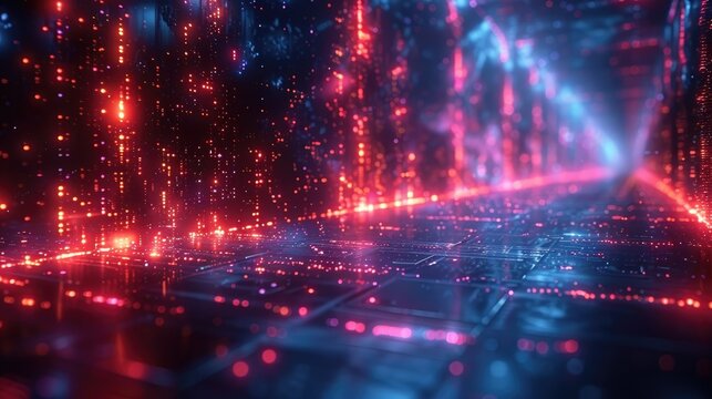 Binary code running through a futuristic technological landscape. AIG535