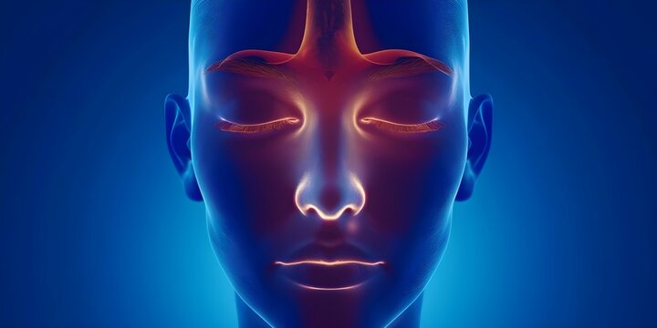 Female experiencing sinusitis frontitis with inflamed mucous membranes in frontal sinuses. Concept Sinusitis, Frontal Sinuses, Mucous Membranes, Inflammation, Female Health