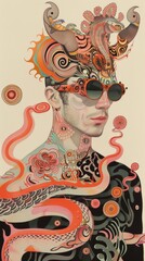 A man with intricate tattoos and circular sunglasses stares into the distance