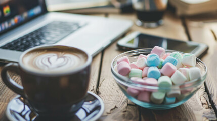 Modern Office With Computer, A Capuccino Coffee, A Smartphone And A Bowl Of Marshmallows, A Little Sweet While Working At The Office