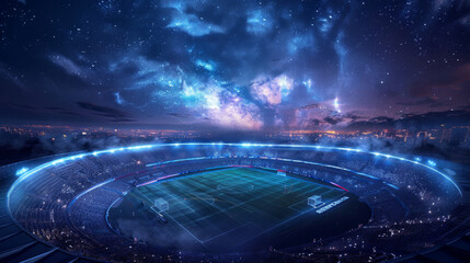 A virtual football stadium glows under the night sky.