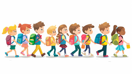 Illustration of a group of happy children walking in a line, each carrying a colorful backpack, symbolizing the joy and camaraderie of school life and friendship