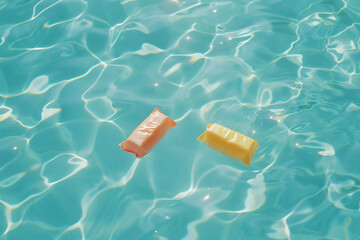 Two colorful pool floats drifting in crystal clear swimming pool water under the bright sun.