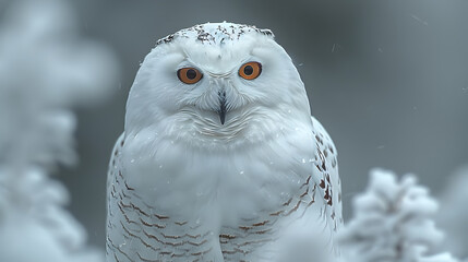 Majestic Snowy Owl with Piercing Orange Eyes in a Winter Wonderland