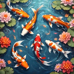 Five Koi Fish Swimming in a Pond