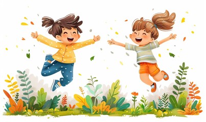 Joyful kids leaping high in an amusement park, their laughter echoing through the air. illustration images