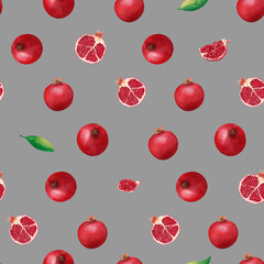 Seamless pattern with pomegranates, pieces and leaves. Hand drawn watercolor illustration on gray background for print, wrapper, textile, fabric