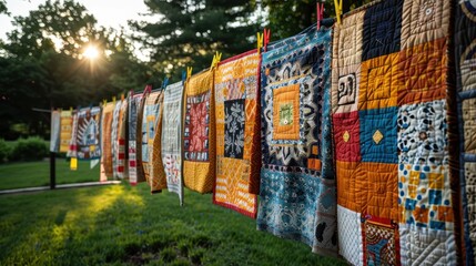 Colorful Patchwork Quilts Drying in the Sun  Handmade Fabric Art