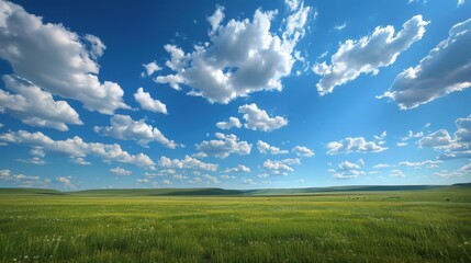 Fototapeta premium Vast Green Meadow Under a Blue Sky with Fluffy White Clouds Nature Landscape Photography