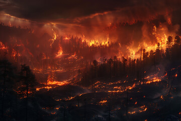 Wildfires consume vast landscapes, fueled by dry conditions and strong winds, leaving trails of destruction in their wake.