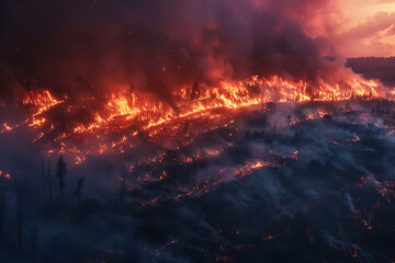 Wildfires consume vast landscapes, fueled by dry conditions and strong winds, leaving trails of destruction in their wake.