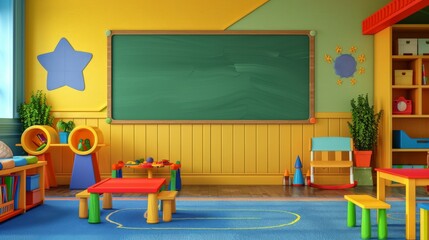 A bright, inviting classroom with colorful furniture and playful decorations