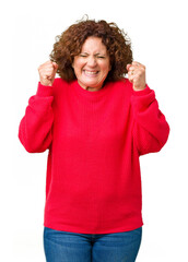 Beautiful middle ager senior woman red winter sweater over isolated background excited for success with arms raised celebrating victory smiling. Winner concept.