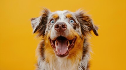 Happy dog with red merle coat and blue eyes panting against yellow backdrop