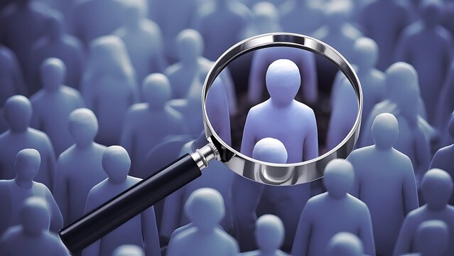 Magnifying glass highlighting distinct figure among many symbolizing focused hiring