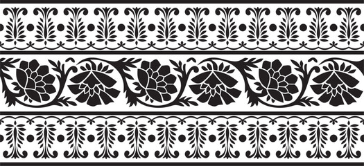 Vector seamless monochrome black Indian national ornament. Ethnic endless plant border. Flowers frame. Poppies and leaves