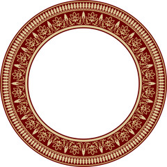 Vector round gold with red Indian national ornament. Ethnic plant circle, border. Frame, flower ring. Poppies and leaves