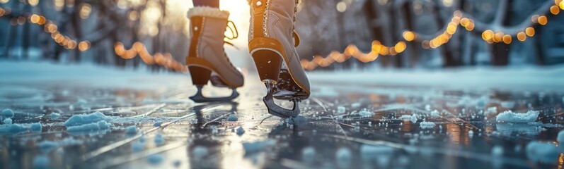 Someone is walking on a sidewalk with their skates in the snow