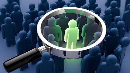 Magnifying glass highlighting one glowing green standout figure symbolizing focused hiring