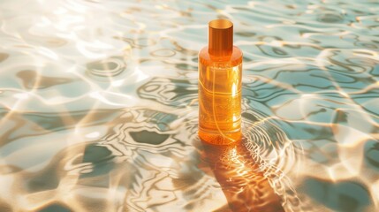 Obraz premium Amber-colored bottle with a golden cap, floating on water with ripples around it, under what appears to be sunlight, creating a play of light and reflections on the water's surface
