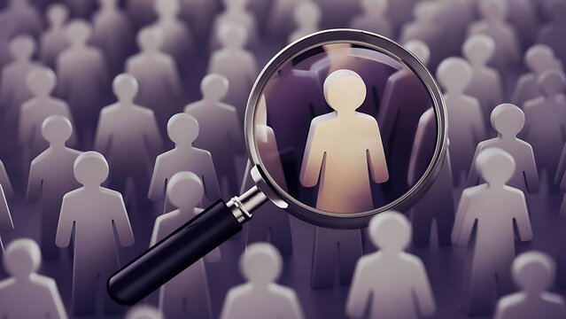 Magnifying glass highlighting distinct figure among many symbolizing focused hiring