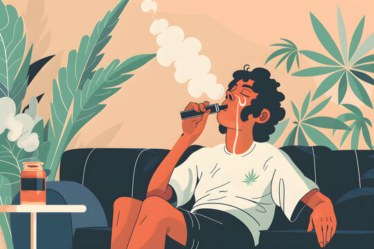 A high-resolution illustration of a person using a vape pen with cannabis oil, set in a modern, relaxed environment with a minimalist design 