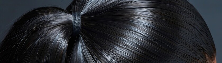 Obraz premium Shiny black hair tied into a neat ponytail, with smooth texture, Healthy Hair, Sleek Ponytail