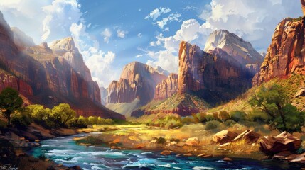Zion National Park Utah: Majestic Nature Landscape of Sandstone Canyons and River