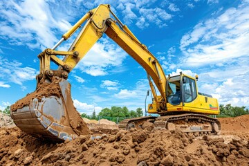 Obraz premium Excavator at Construction Site Under Blue Sky. Heavy Equipment Machine in Yellow and Blue