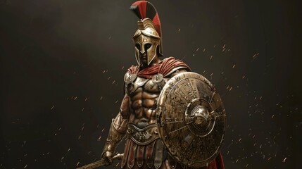 Warrior Spartan: Muscular Ancient Soldier in Armor with Shield and Sword