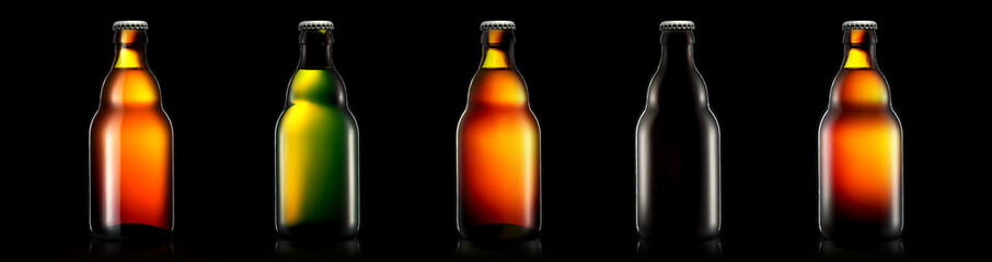 Set of bottle of beer or cider isolated on black background