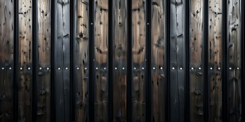 Textured black metal wall with vertical wood panels and dark steel roof. Concept Architecture, Construction, Exterior Design, Wall Paneling, Roofing