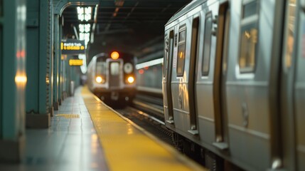 Footage of a subway train arriving at and departing from a crowded station.