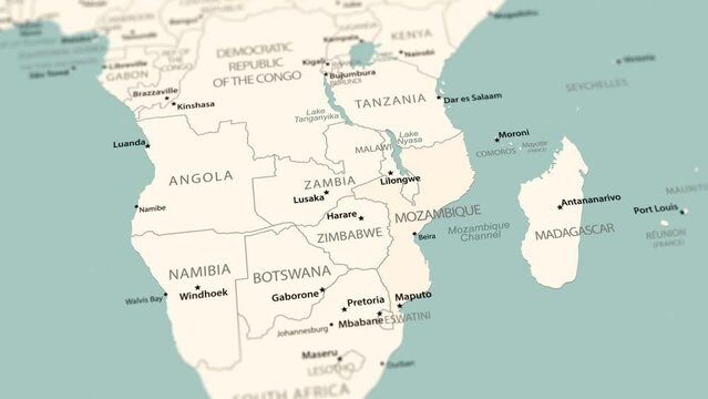 Mozambique on the world map. Smooth map rotation. 4K animation.