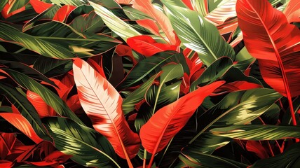 Vibrant red and green tropical leaves, showcasing beautiful foliage in a dense arrangement. Perfect for nature-themed designs and backgrounds.