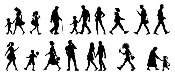 Fototapeta premium Vector illustration. Large set of black silhouettes of people. People are walking.