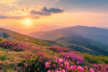 Fototapeta premium Summer Sunset with Rhododendron Flowers: Majestic Mountain Landscape