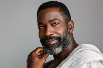 A happy African American man with a towel over his shoulder, enjoying his skincare routine