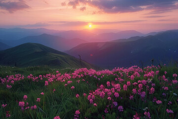 Obraz premium Spectacular Sunset Over Alpine Rhododendrons in Summer Mountainscape