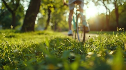 a cyclist riding through a city park on a sunny day.