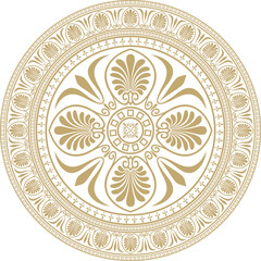 Vector golden classic Greek round ornament. Circle of Ancient Greece and the Roman Empire. Byzantine painting of walls, floors and ceilings. Decoration of European palaces