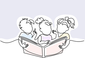 Happy kids girls and boy reading big opened book. Education and back to school