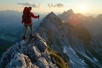 A hiker with a red backpack stands on a rocky mountain peak at sunrise, capturing the breathtaking landscape surrounded by distant peaks and valleys.