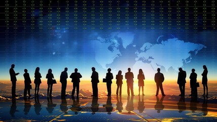 Fototapeta premium A diverse group of professionals silhouetted against a world map, symbolizing global business and collaboration at sunrise.