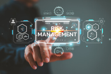 Risk management business plan concept. Businessman touch risk matrix project icon screen. Assessment investment control technology. Internet network forecast evaluation, financial security strategy