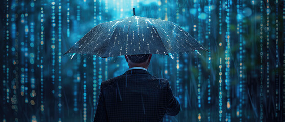 Businessman holding an umbrella with digital data raining down, symbolizing protection in the tech and business world, with copy space for text.