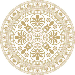 Vector golden classic Greek round ornament. Circle of Ancient Greece and the Roman Empire. Byzantine painting of walls, floors and ceilings. Decoration of European palaces