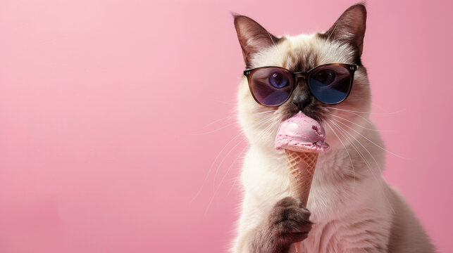 Stylish cat eating ice cream with sunglasses against a pastel backdrop. Minimal design and copy space make it perfect for creative projects.