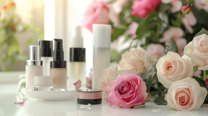 Cosmetic products and roses on table with light background